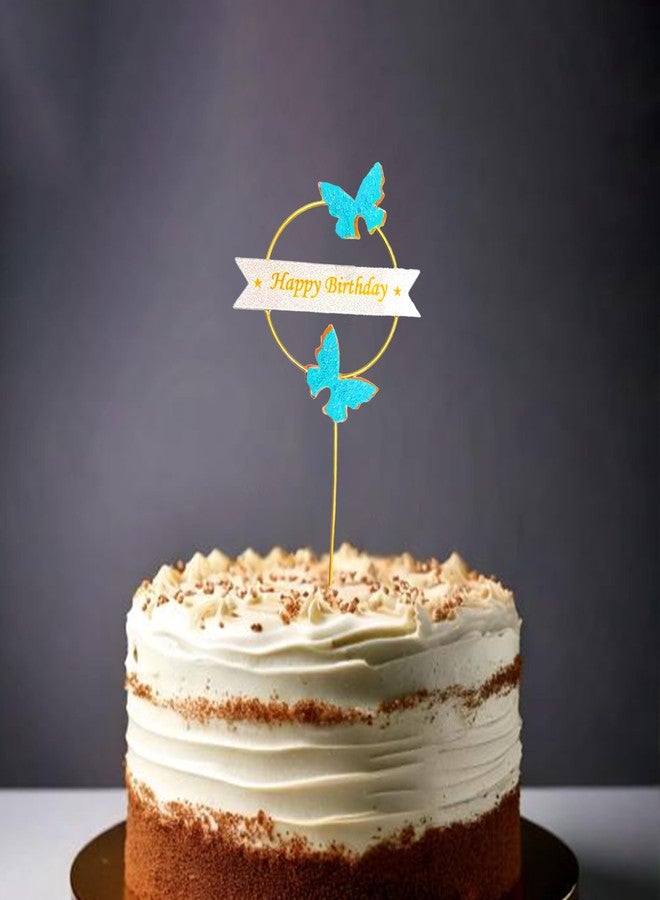 pop colours Happy Birthday Cake Topper | with Butterflies| 22 cm | Paper Circle Design, Gold Metal Ring With Blue Gliter Butterfly with Banner |(Blue) - Image 2